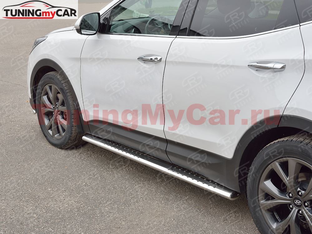 Пороги труба 120х60 овал с проступью для Hyundai Santa FE Premium 2015