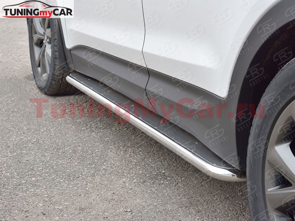 Пороги труба D42 С листом (Лист нерж, проф. нерж)(Вариант3) для Hyundai Santa FE Premium 2015