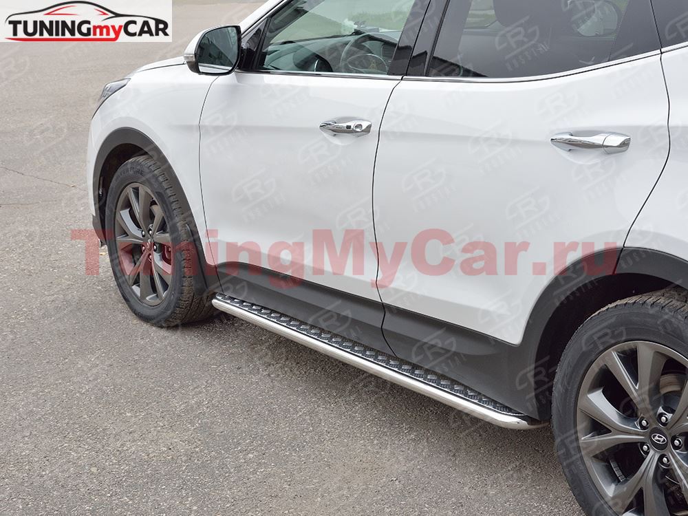 Пороги труба D42 С листом (Лист алюм, проф.сталь)(Вариант2) для Hyundai Santa FE Premium 2015