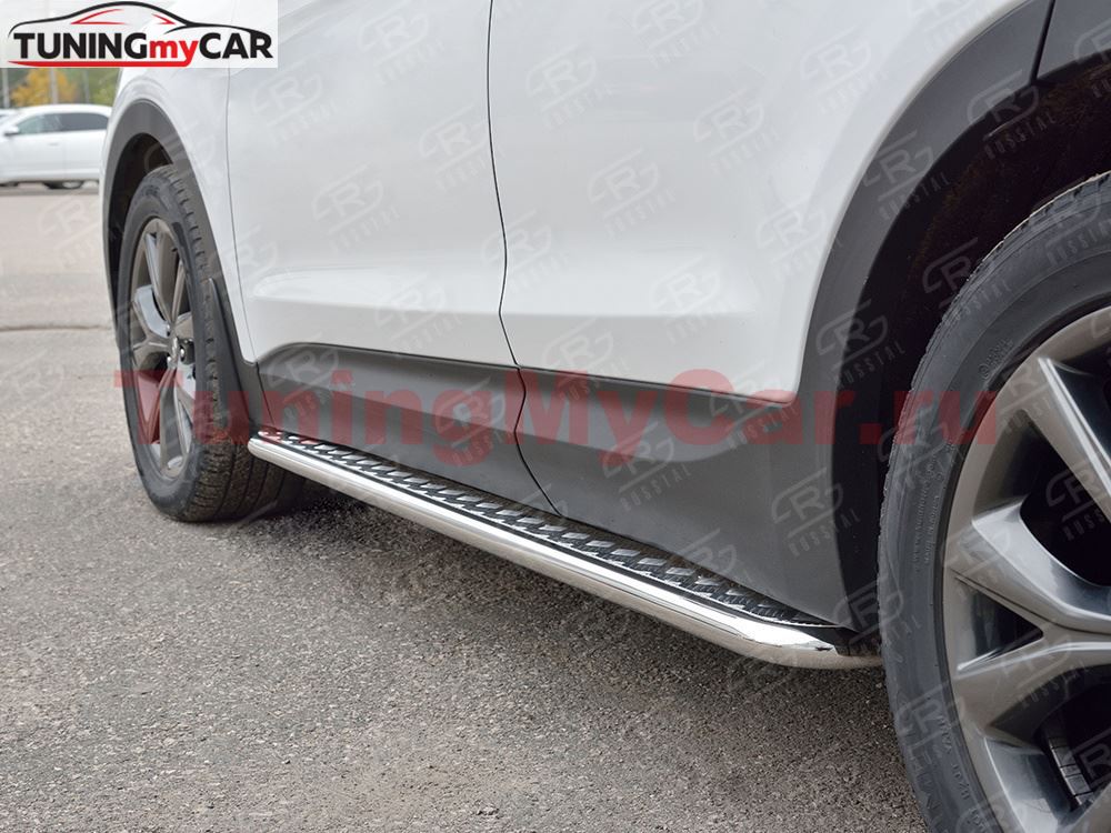 Пороги труба D42 С листом (Лист алюм, проф. нерж)(Вариант1) для Hyundai Santa FE Premium 2015
