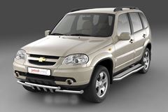 Защита порогов с алюм. фигурной площадкой 63мм (НПС) CHEVROLET Niva 2009-2020/ LADA Niva 2020-/ LADA Niva Travel 2021-