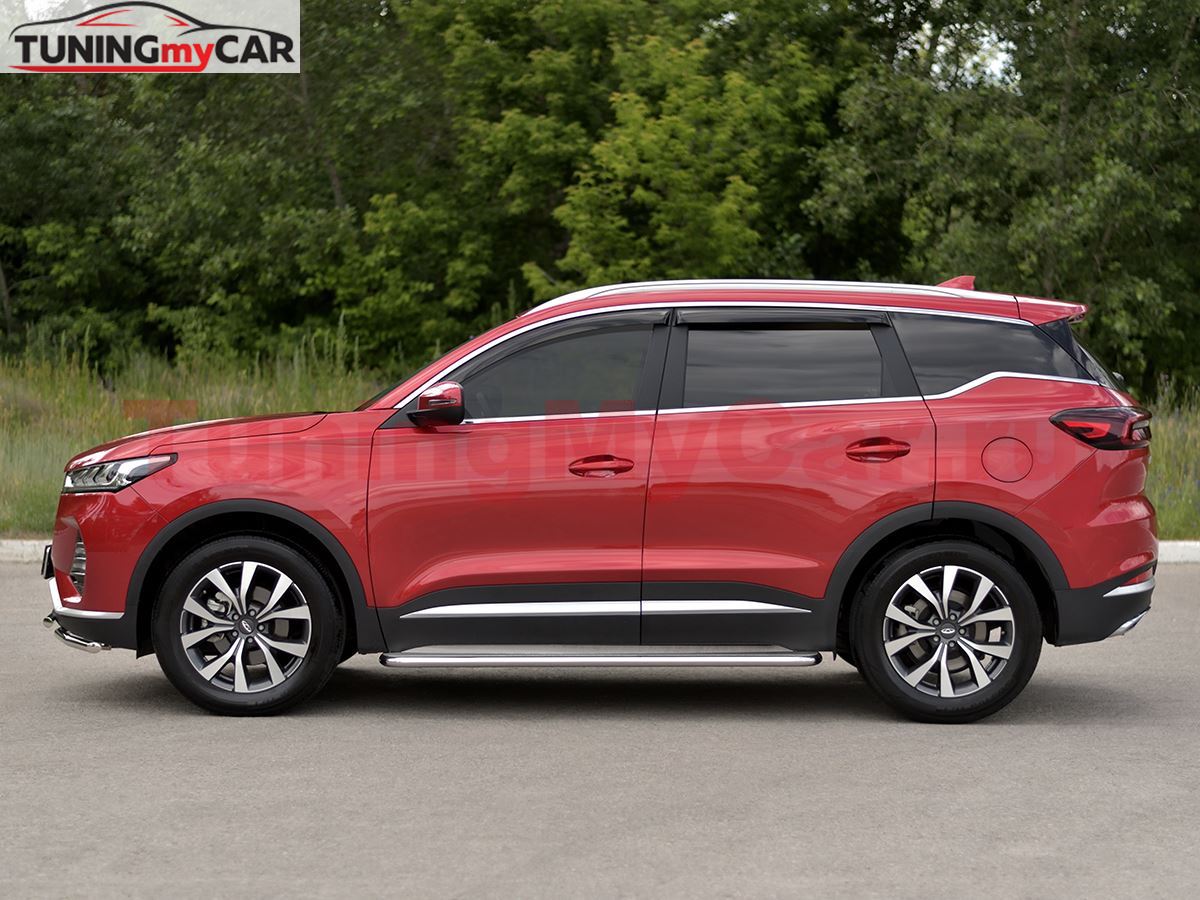 Пороги труба d42 с листом (лист нерж, проф. нерж) (вариант 3) для Chery Tiggo 7 PRO 2020-
