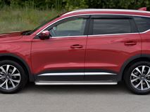 Пороги труба d42 с листом (лист нерж, проф. нерж) (вариант 3) для Chery Tiggo 7 PRO 2020-