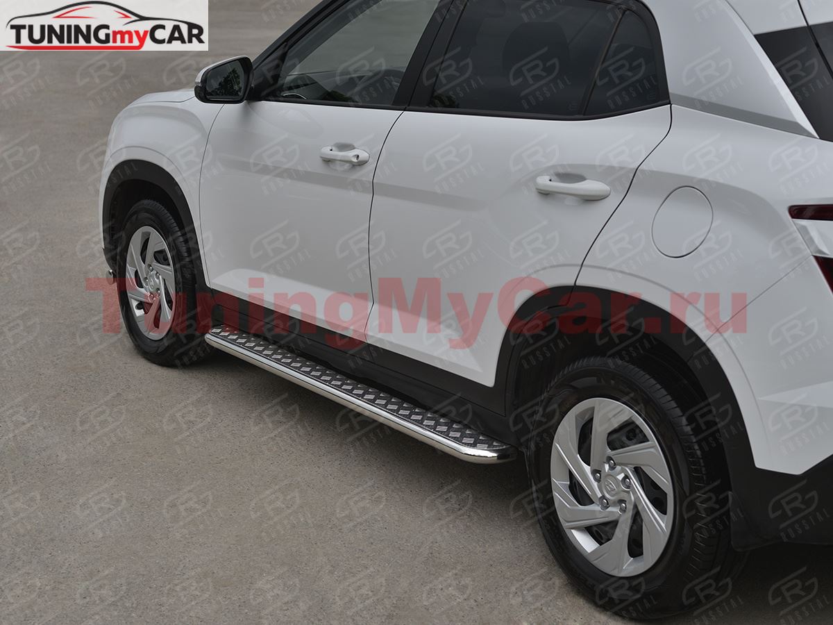 Пороги труба d42 с листом (Лист алюм, проф. нерж) (вариант 1) для Hyundai Creta 2021-