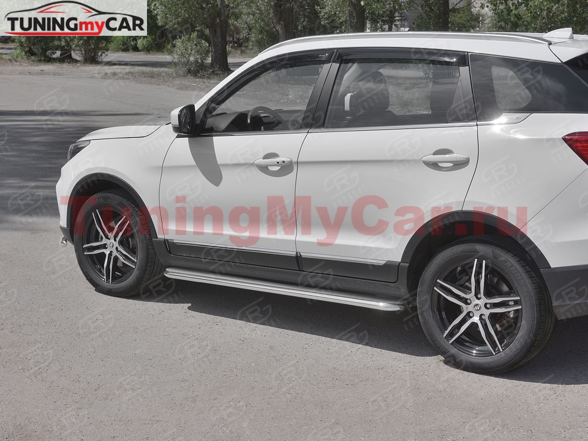 Пороги труба d42 с листом (Лист нерж, проф. нерж) (вариант 3) для Lifan X70 2018-