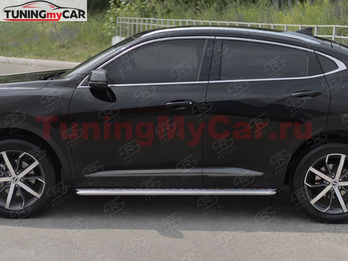 Пороги труба d42 с листом (Лист алюм, проф. нерж) (вариант 1) для Haval F7X 1.5 4WD 2019-2022