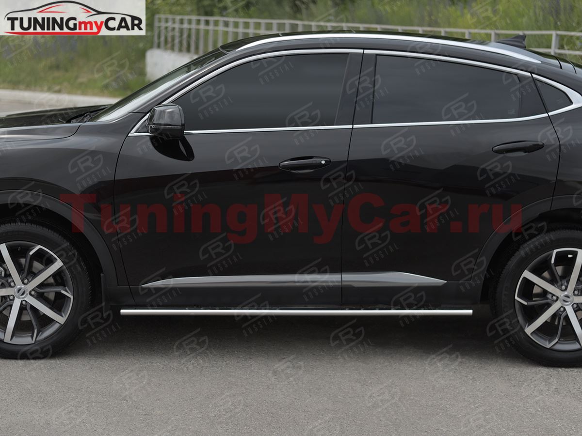 Пороги труба 75х42 овал с проступью для Haval F7X 1.5 4WD 2019-2022