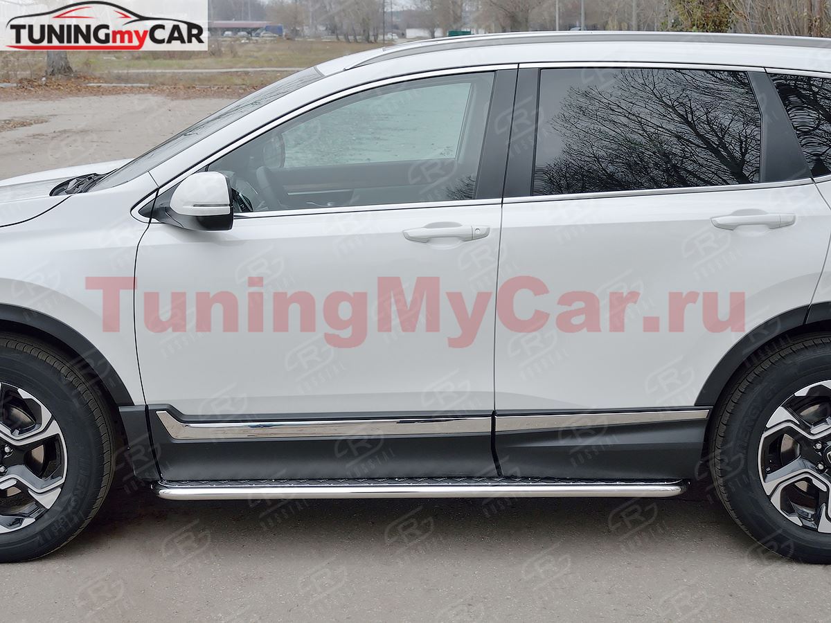 Пороги труба d42 с листом (Лист алюм, проф. нерж) (вариант 1) для HONDA CR-V 2017-2020