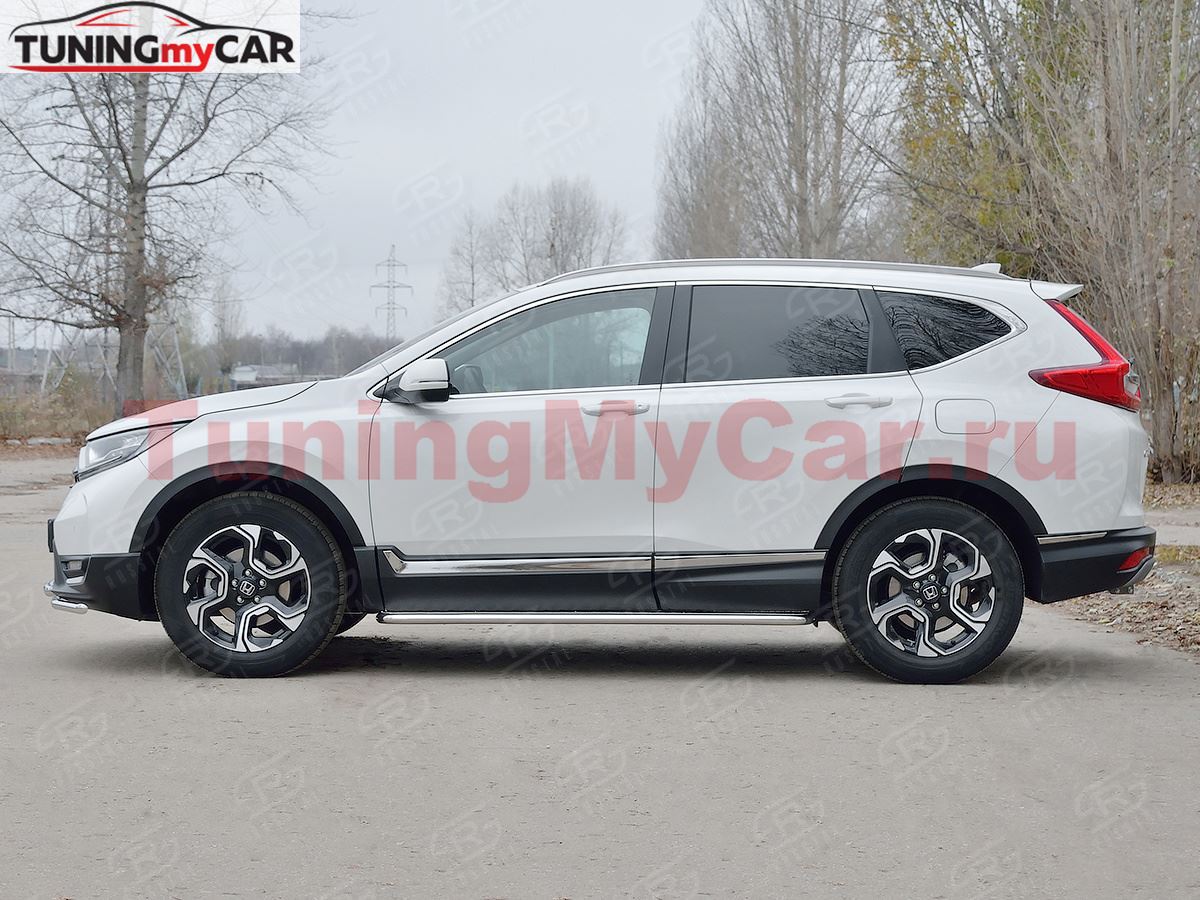Пороги труба d42 с листом (Лист нерж, проф. нерж) (вариант 3) для HONDA CR-V 2017-2020