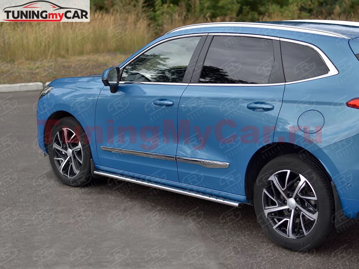 Пороги труба 75х42 овал с проступью для Haval Jolion 1.5 2WD 2021-