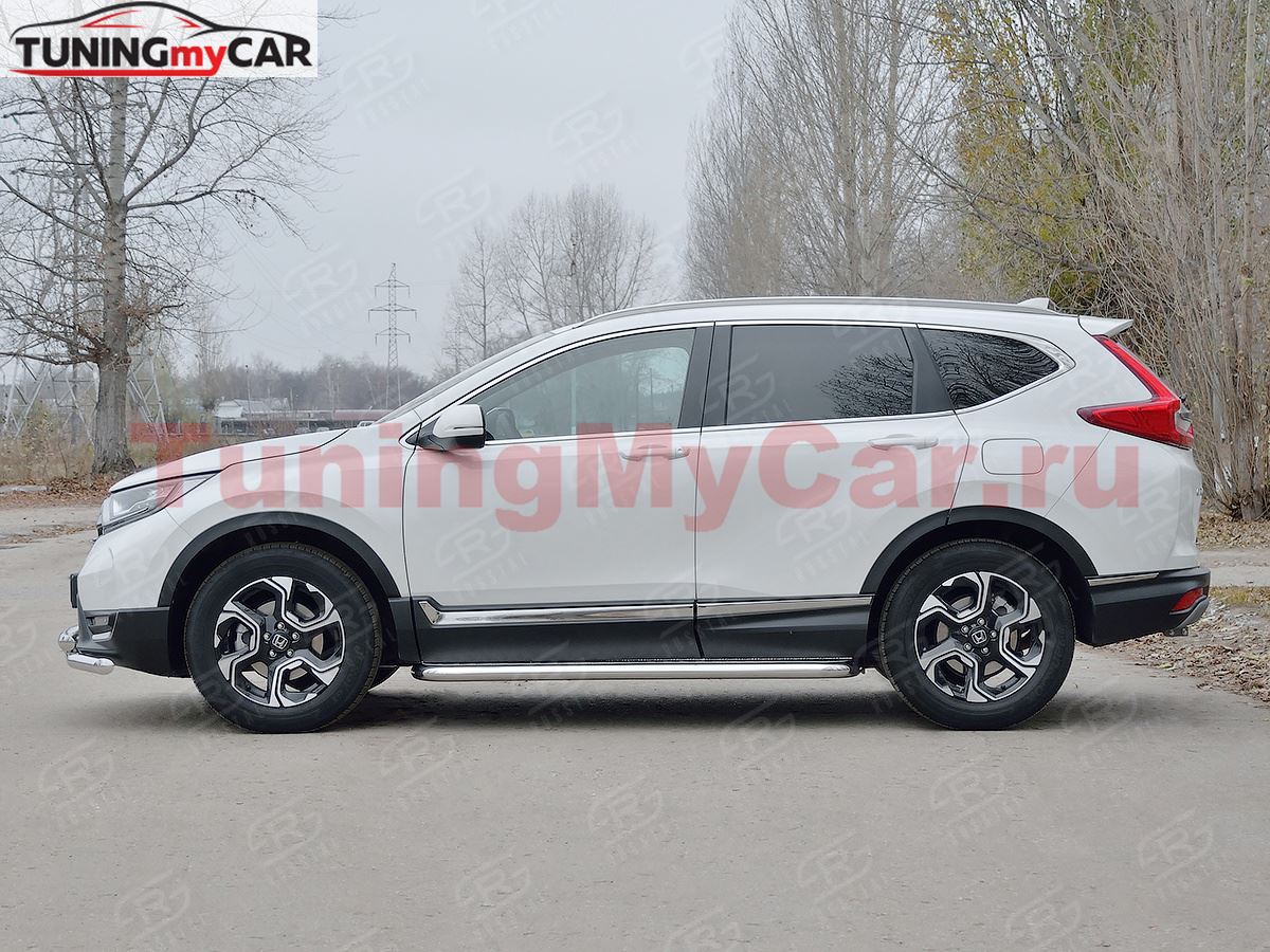 Пороги труба d63 с листом (Лист алюм, проф.сталь) (вариант 3) для HONDA CR-V 2017-2020