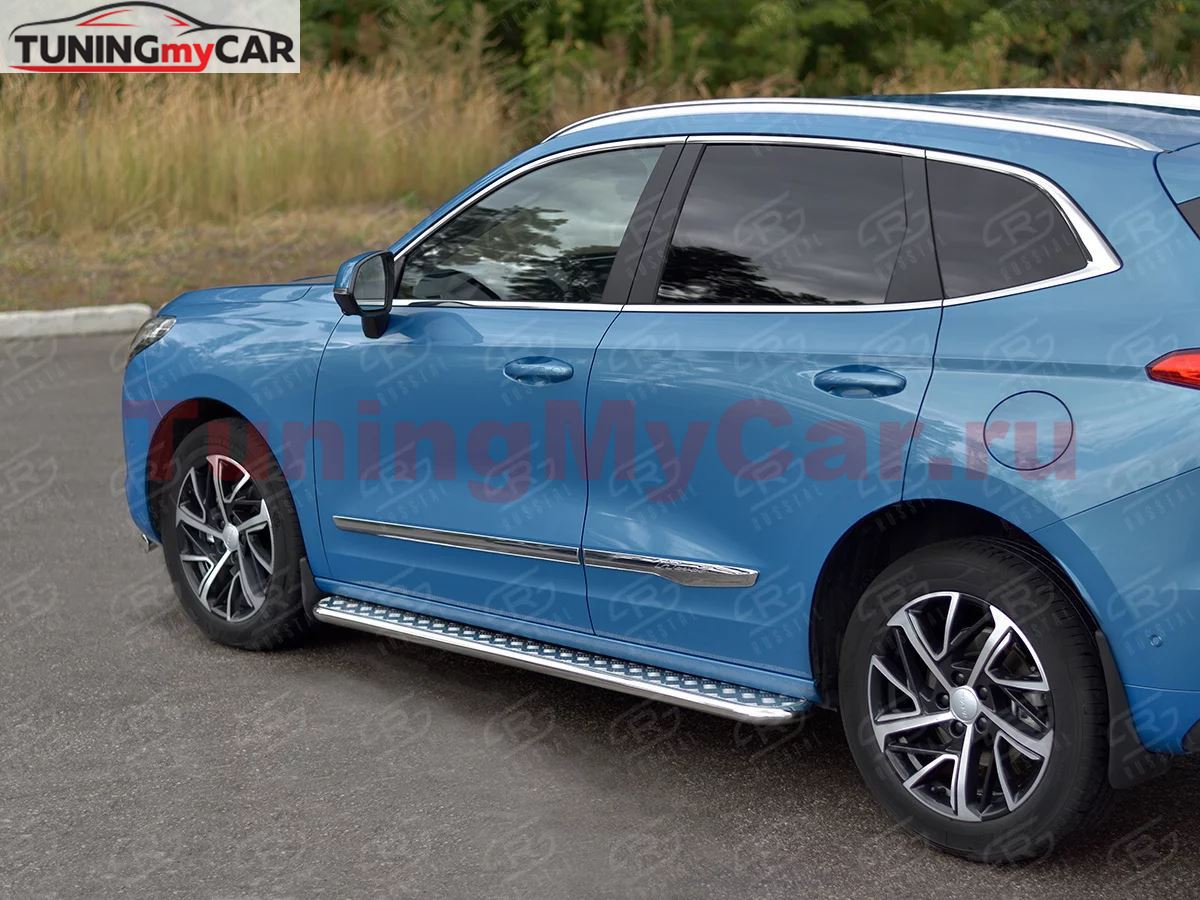 Пороги труба d42 с листом (Лист алюм, проф. нерж) (вариант 1) для Haval Jolion 1.5 2WD 2021-