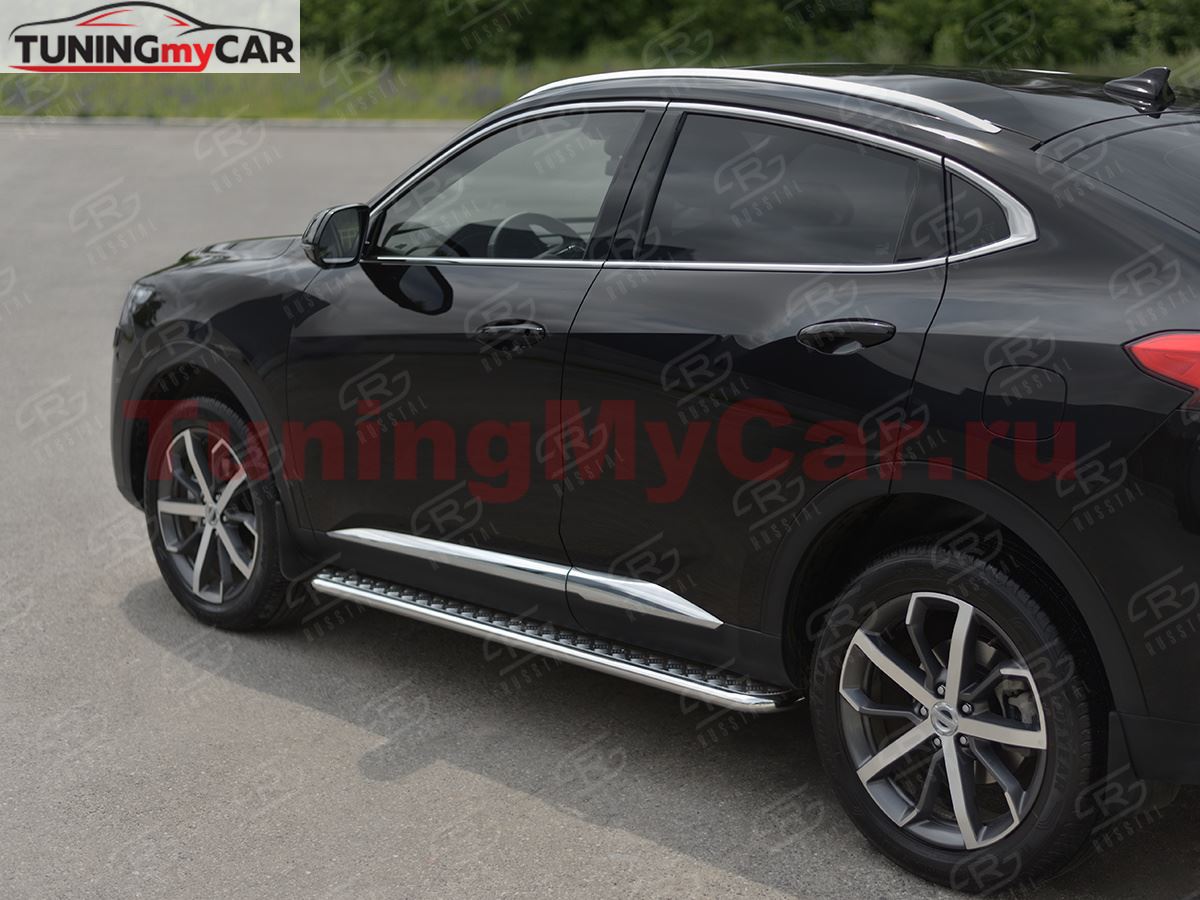 Пороги труба d42 с листом (Лист алюм, проф.сталь) (вариант 2) для Haval F7X 4WD 2022-
