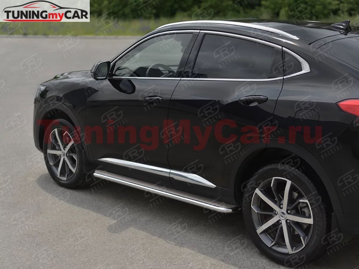 Пороги труба d42 с листом (Лист нерж, проф. нерж) (вариант 3) для Haval F7X 4WD 2022-
