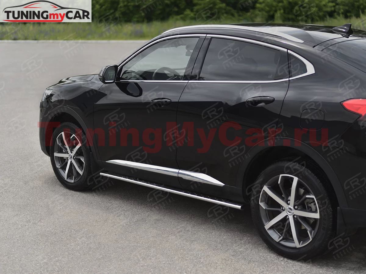 Пороги труба 75х42 овал с проступью для Haval F7X 4WD 2022- 