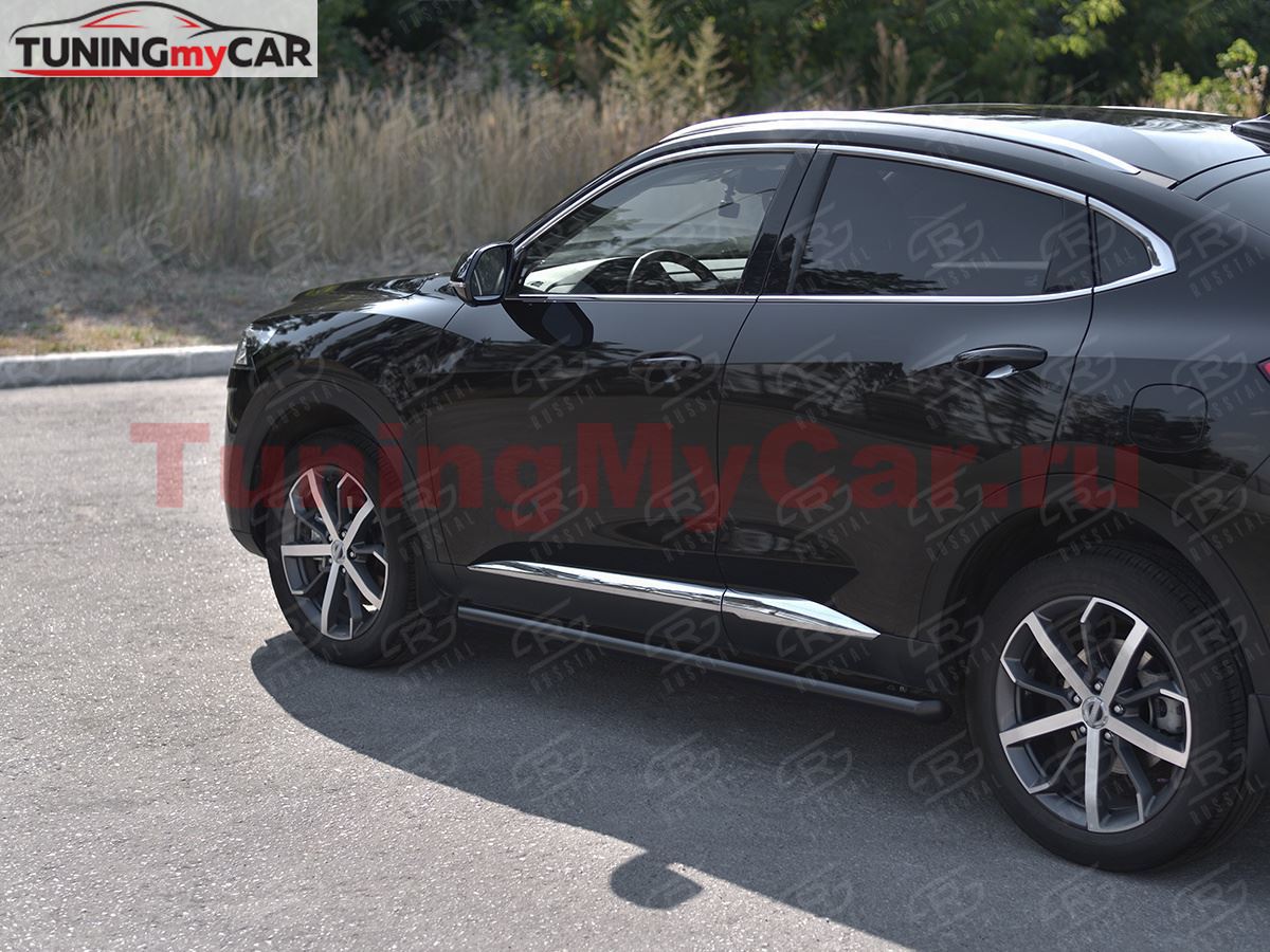 Пороги труба d63 (вариант 1) black для Haval F7X 4WD 2022-
