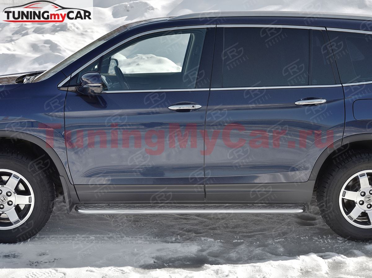 Пороги труба d42 с листом (лист алюм, проф. нерж) (вариант 2) для HONDA PILOT 2016-2018