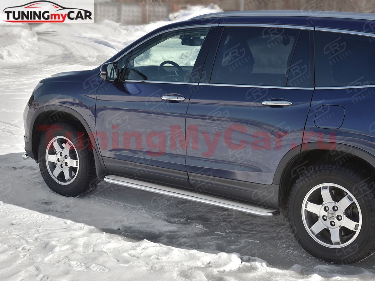 Пороги труба d42 с листом (лист алюм, проф. нерж) (вариант 3) для HONDA PILOT 2016-2018